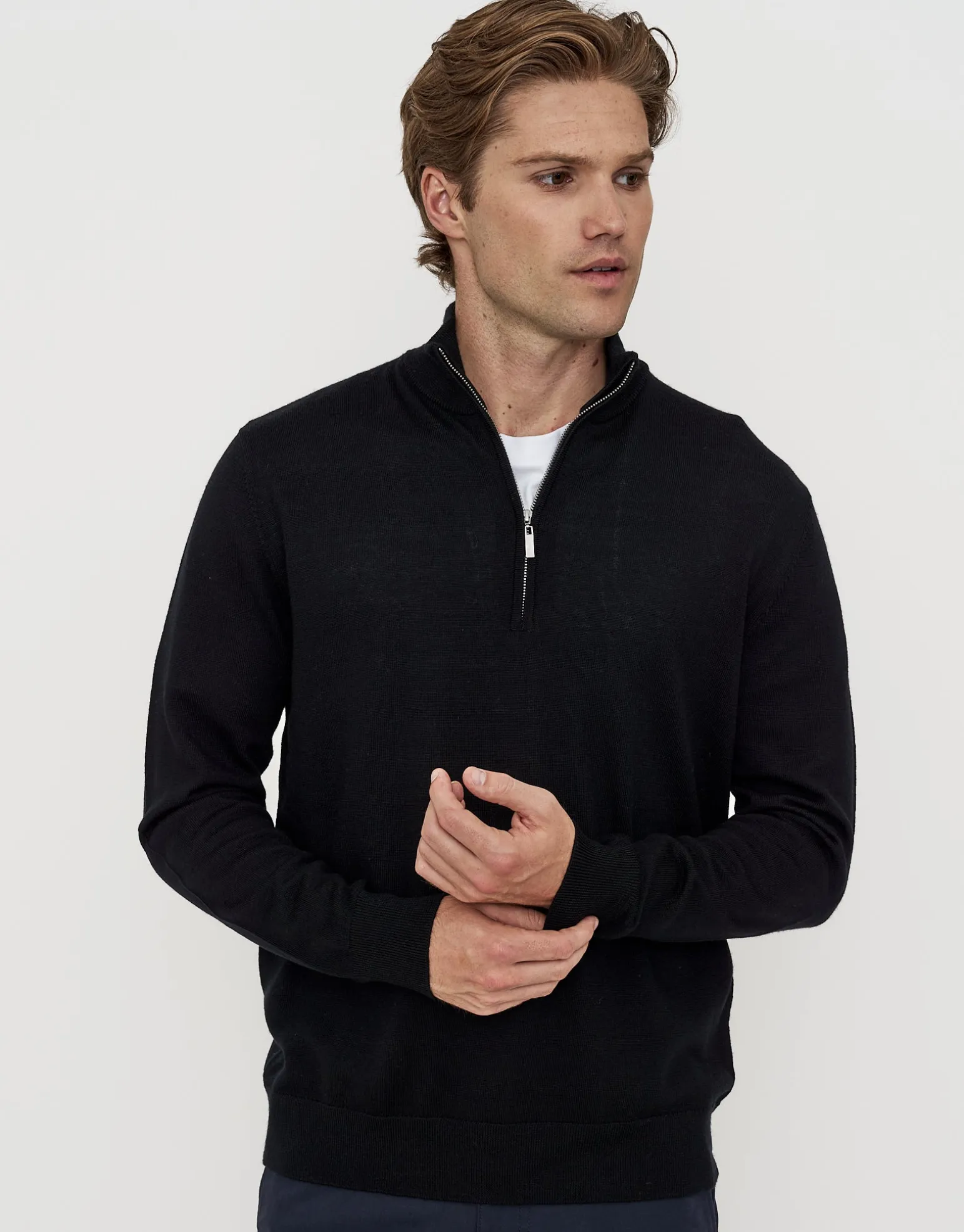 100% Merino Quarter Zip Knit Jumper in Navy Marle