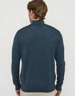 100% Merino Quarter Zip Knit Jumper in Navy Marle
