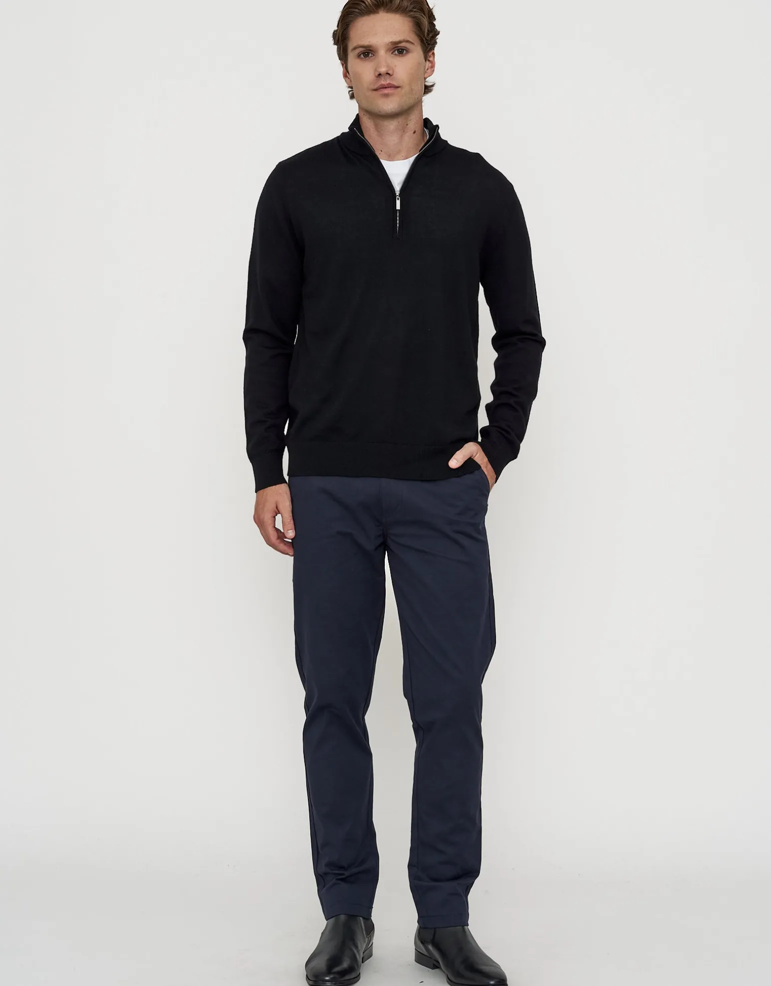 100% Merino Quarter Zip Knit Jumper in Navy Marle
