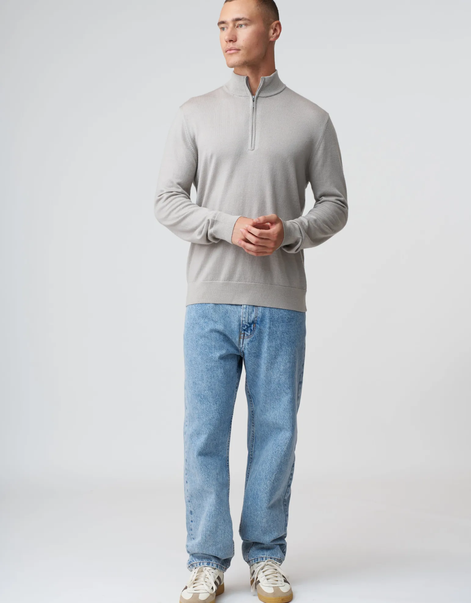 100% Merino Quarter Zip Knit Jumper in Navy Marle