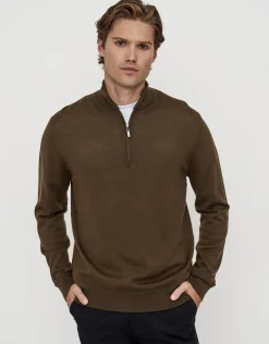 100% Merino Quarter Zip Knit Jumper in Olive