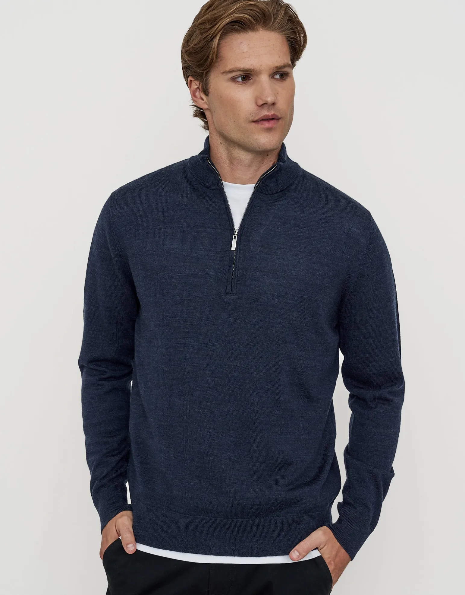 100% Merino Quarter Zip Knit Jumper in Petrol