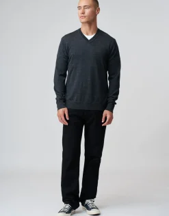 100% Merino V Neck Knit Jumper in Charcoal