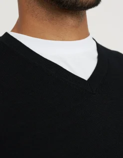 100% Merino V Neck Knit Jumper in Navy Marle