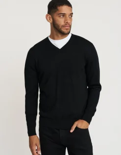100% Merino V Neck Knit Jumper in Navy Marle