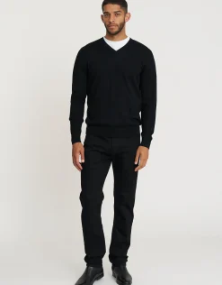 100% Merino V Neck Knit Jumper in Navy Marle