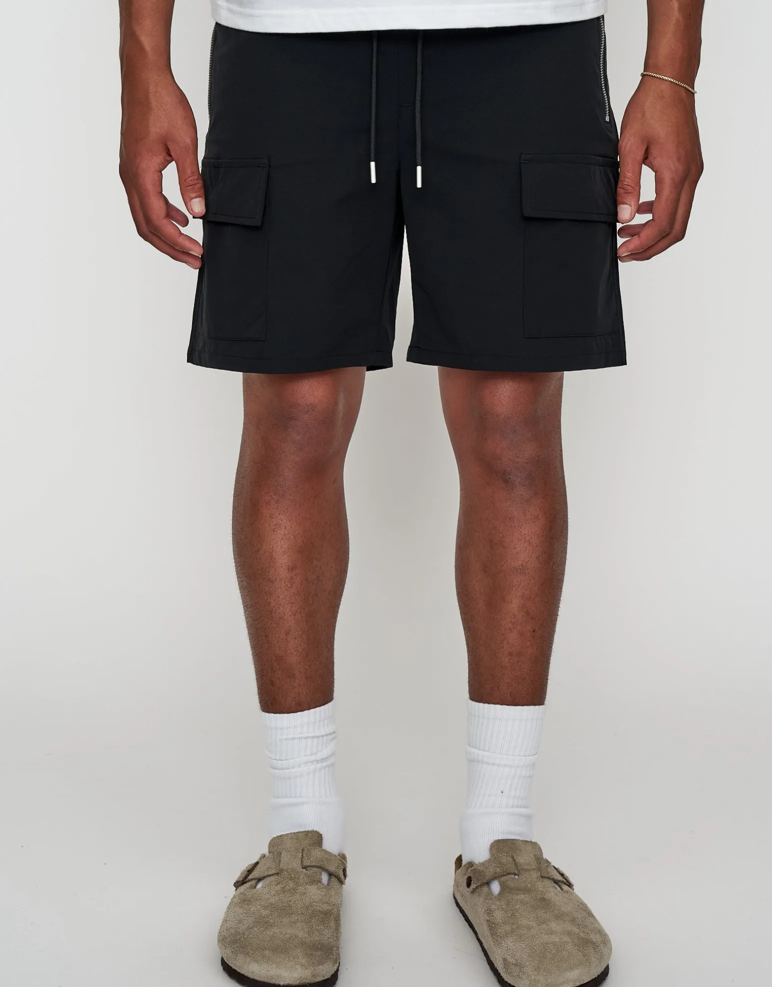 Nylon Zip Cargo Shorts in Tan
