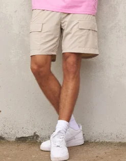 Nylon Zip Cargo Shorts in Tan