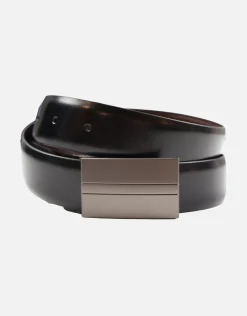 Plate Buckle Reversible Leather Belt in Black/brown