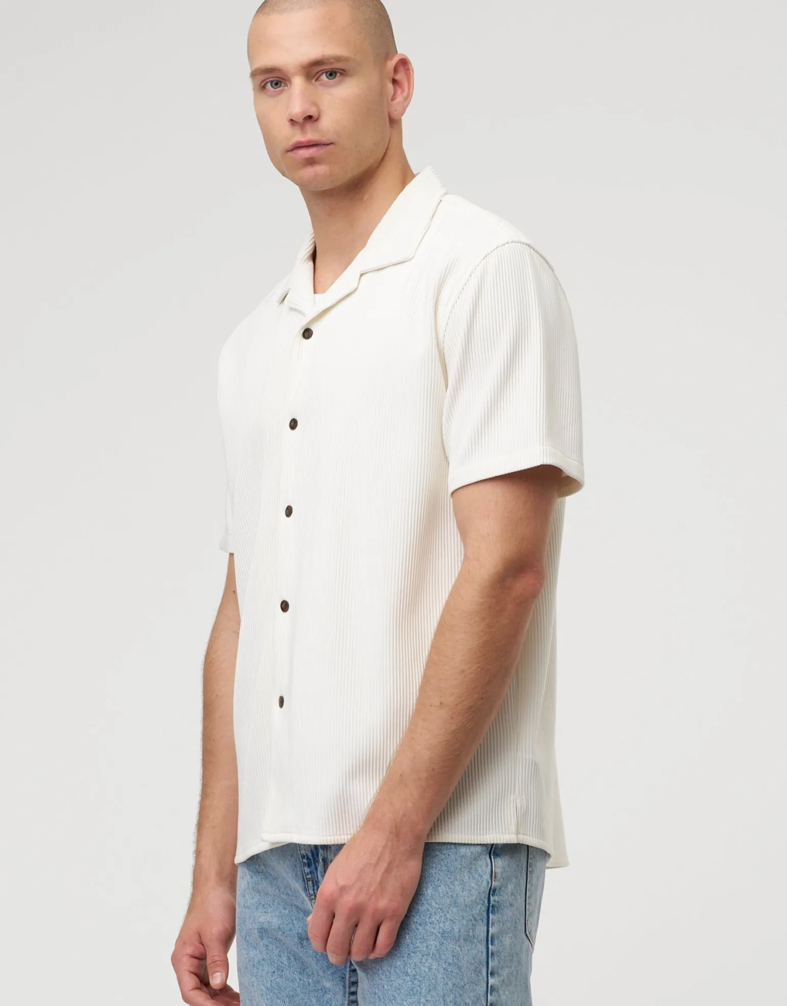 Plisse Pleated Relaxed Short Sleeve Shirt in Putty Grey