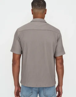 Plisse Pleated Relaxed Short Sleeve Shirt in Dusty Olive