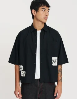 Raw Patch Cropped Short Sleeve Shirt in Black