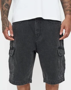 Relaxed Fit Cargo Jorts in Washed Black