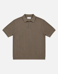 Ribbed Knit Short Sleeve Polo Shirt in Khaki