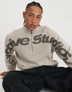 Ribbed Quarter Zip Knit in Stone