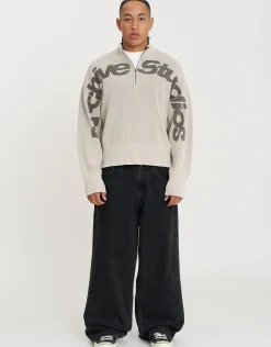 Ribbed Quarter Zip Knit in Stone