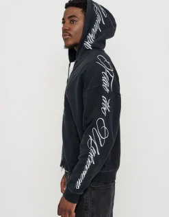 Script Oversized Cropped Zip Up Hoodie in Washed Black