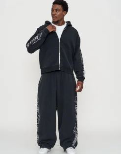 Script Oversized Cropped Zip Up Hoodie in Washed Black