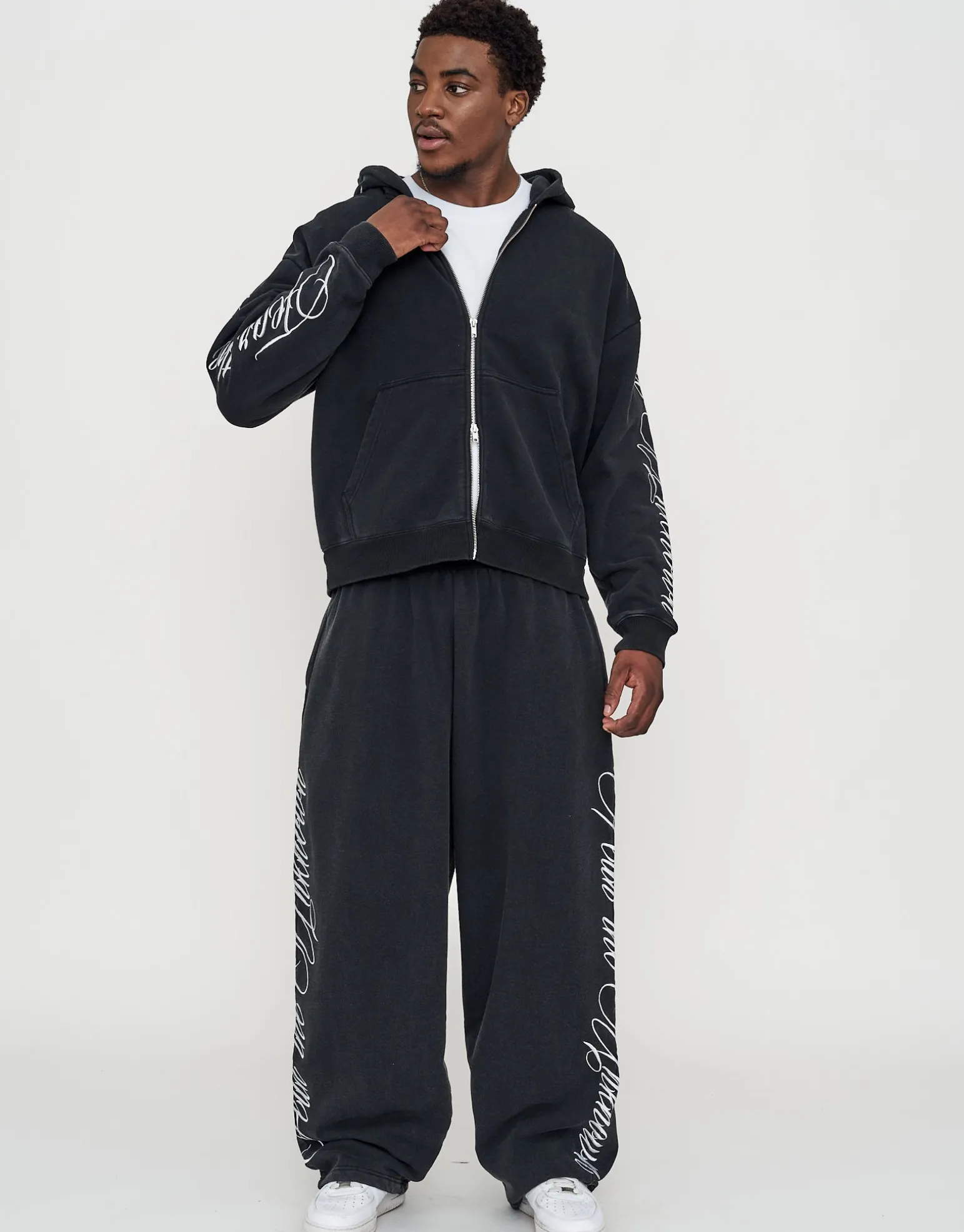 Script Wide Leg Track Pants in Washed Black