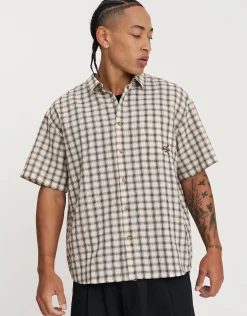 Sports League Cropped Short Sleeve Shirt in Brown Check