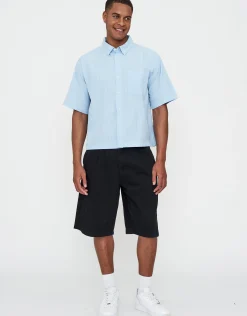 Striped Cropped Box Fit Short Sleeve Shirt in Lt Blue