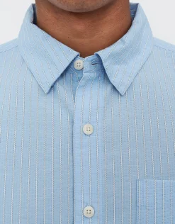 Striped Cropped Box Fit Short Sleeve Shirt in Lt Blue