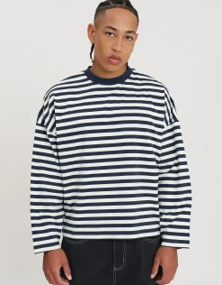 Striped Long Sleeve Cropped T Shirt in Snow