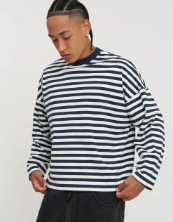 Striped Long Sleeve Cropped T Shirt in Snow