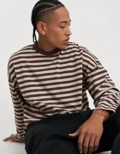 Striped Long Sleeve Cropped T Shirt in Snow