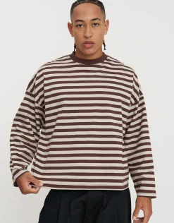 Striped Long Sleeve Cropped T Shirt in Ecru