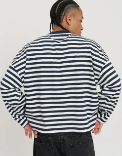 Striped Long Sleeve Cropped T Shirt in Ecru