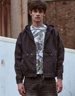 Studded Hooded Denim Jacket in Washed Black