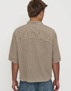 Studio Check Cropped Short Sleeve Shirt in Peach