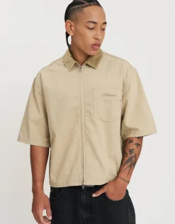 Subdistrict Zip Up Short Sleeve Overshirt in Sand