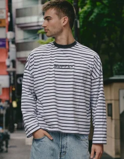 Supply Striped Cropped Long Sleeve T Shirt in Blanc