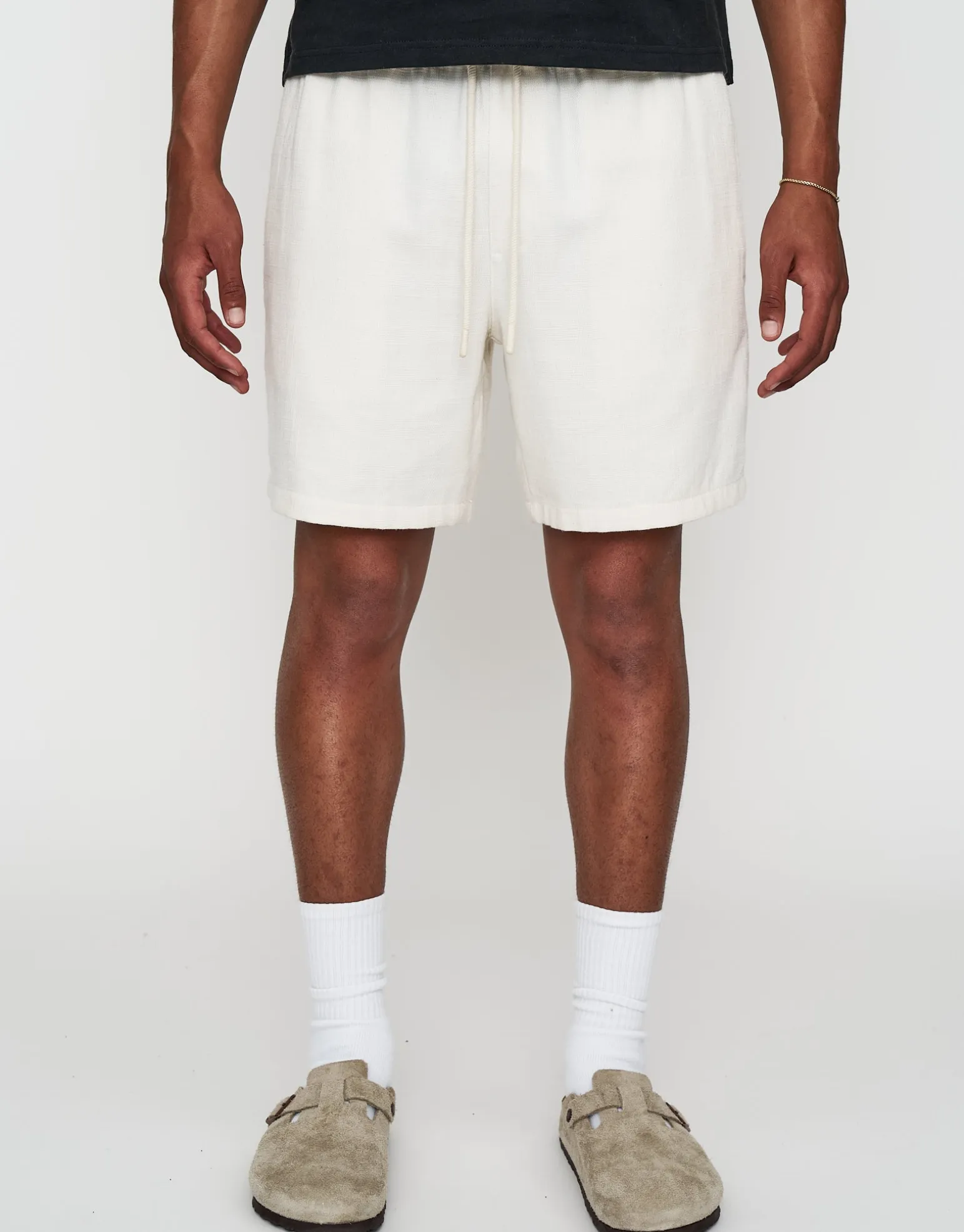 Textured Elastic Waist Shorts in Solid Black