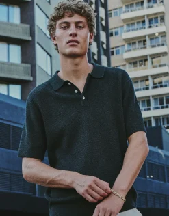 Textured Short Sleeve Knit Polo in Biscuit