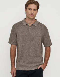Textured Short Sleeve Knit Polo in Biscuit
