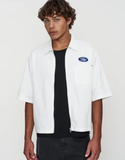 Tokyo Cropped Mechanic Zip Up Shirt in Off White