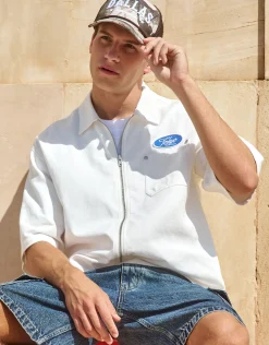 Tokyo Cropped Mechanic Zip Up Shirt in Off White