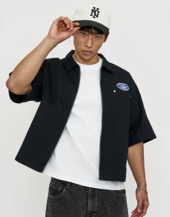 Tokyo Cropped Mechanic Zip Up Shirt in Solid Black