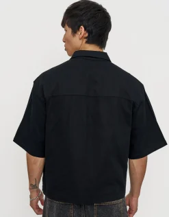 Tokyo Cropped Mechanic Zip Up Shirt in Solid Black