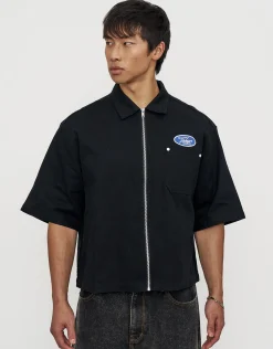 Tokyo Cropped Mechanic Zip Up Shirt in Solid Black