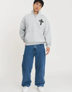 Utopia Funnel Neck Oversized Quarter Zip Sweat in Grey Marl