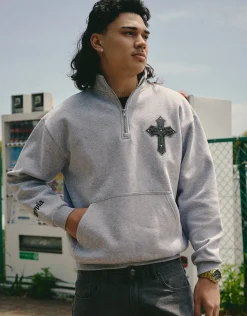 Utopia Funnel Neck Oversized Quarter Zip Sweat in Grey Marl