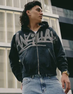 Vanguard Graffiti Oversized Zip Up Hoodie in Washed Black