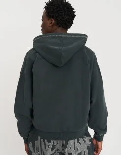 Vanguard Graffiti Oversized Zip Up Hoodie in Washed Black