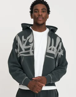 Vanguard Graffiti Oversized Zip Up Hoodie in Washed Black
