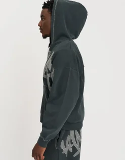 Vanguard Graffiti Oversized Zip Up Hoodie in Washed Black