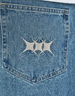 Vices Embroidered Baggy Fit Jorts in Vintage Mid Blue